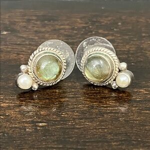 Sterling Silver Labradorite and Pearl Stud Earrings - Green